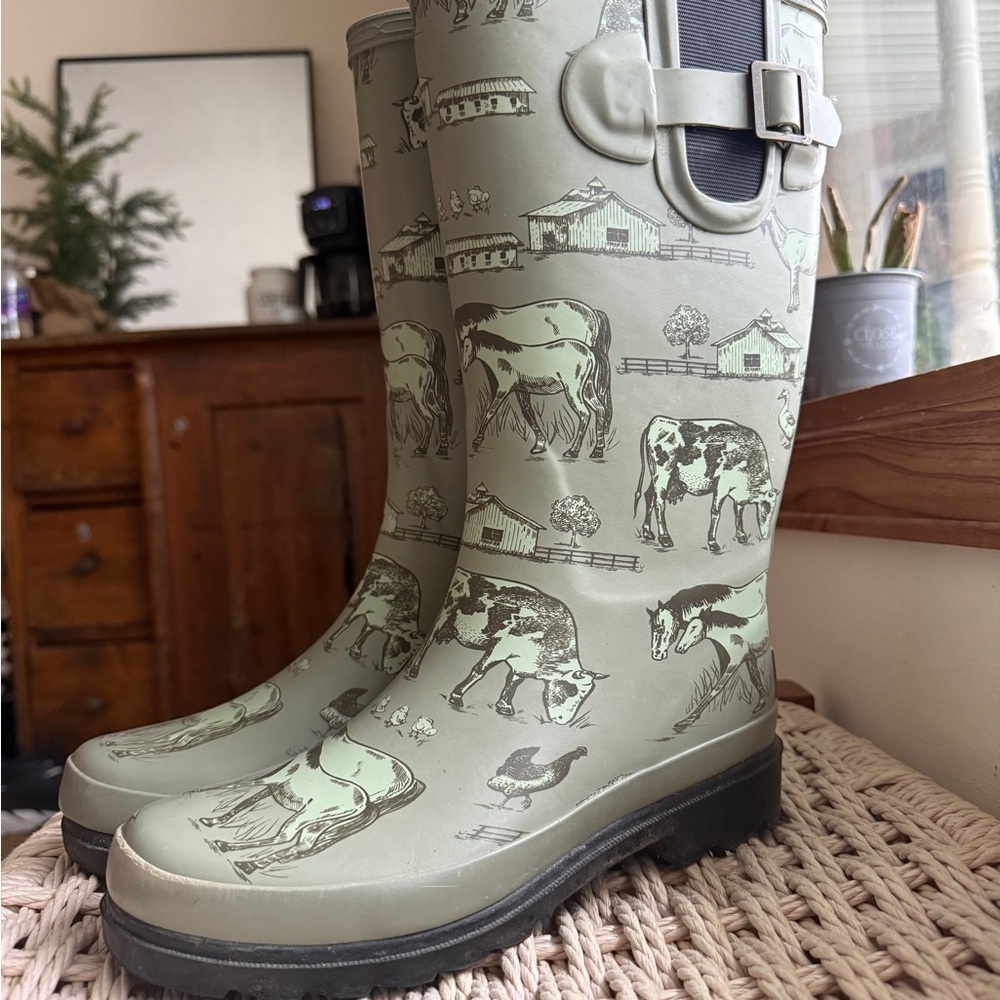 Kids Olive Green Farm Print Rain Boots